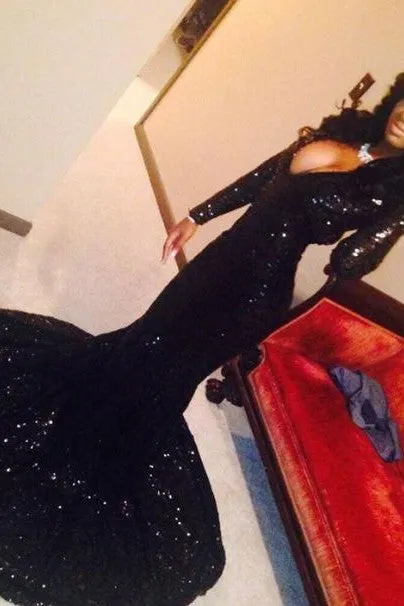 Sexy Long Sleeves Black Mermaid Prom Dress Sequins V-neck Long