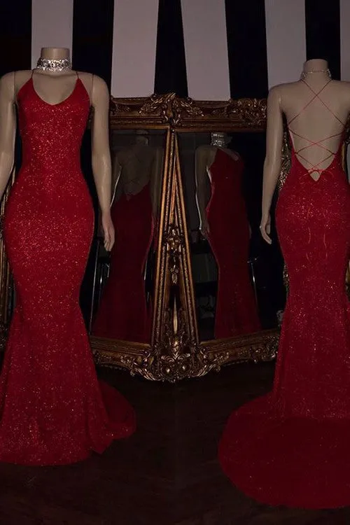 Sexy Spaghetti Straps Red Mermaid Prom Dress Sequins Chiffon Long