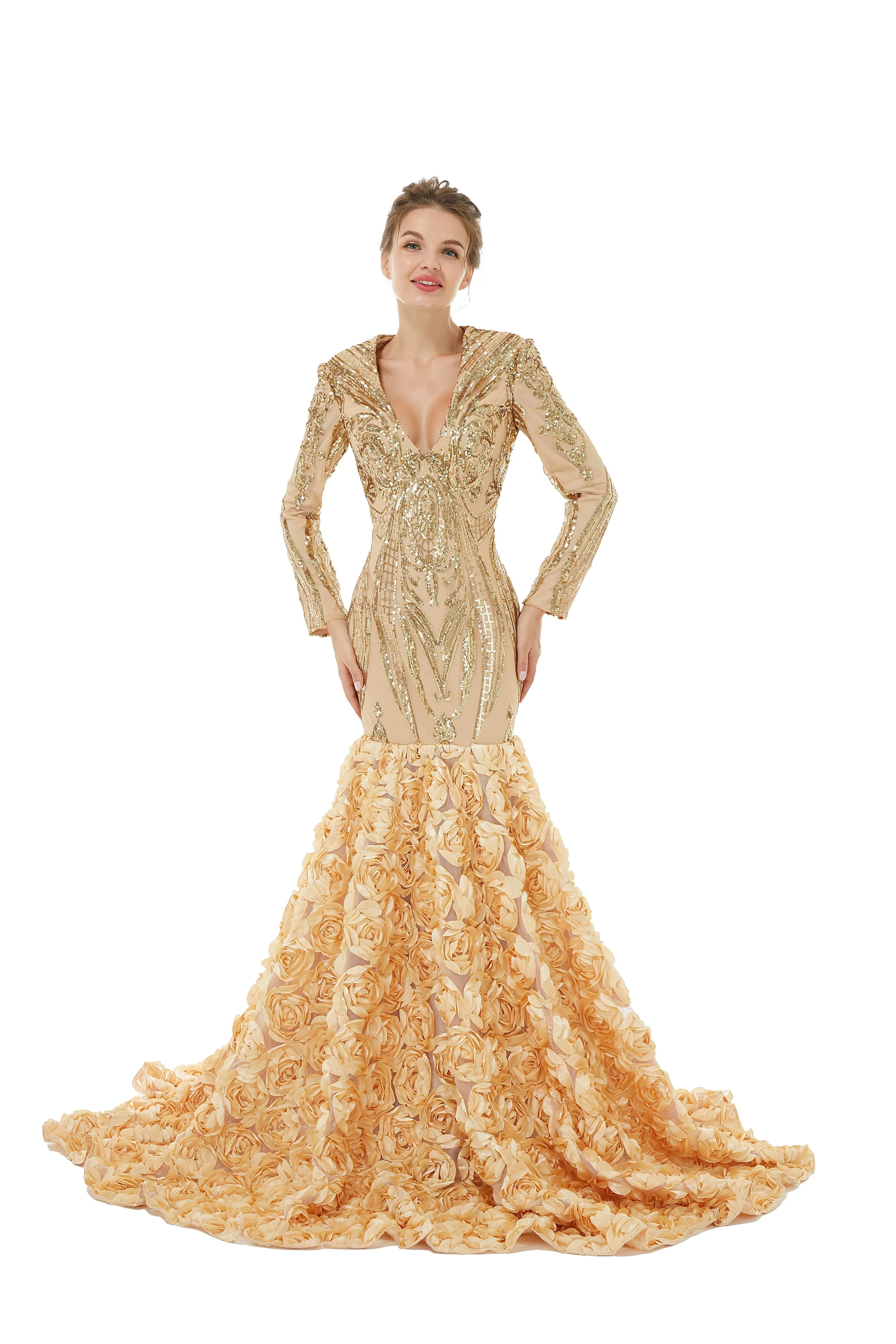 Sexy Sparkle Red Long sleeves V-neck Flowers Prom Dress | Ballbella Real Shooting