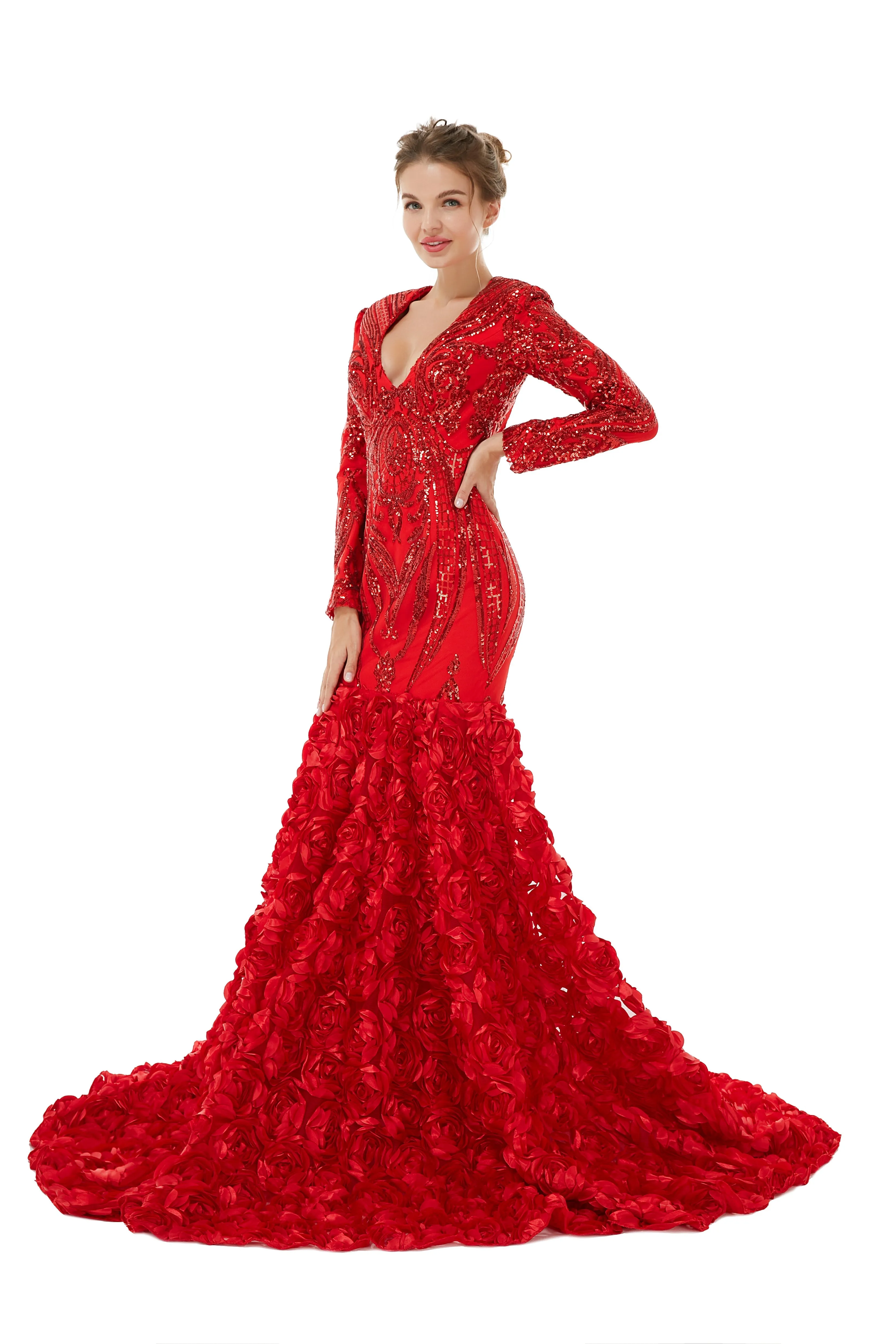 Sexy Sparkle Red Long sleeves V-neck Flowers Prom Dress | Ballbella Real Shooting