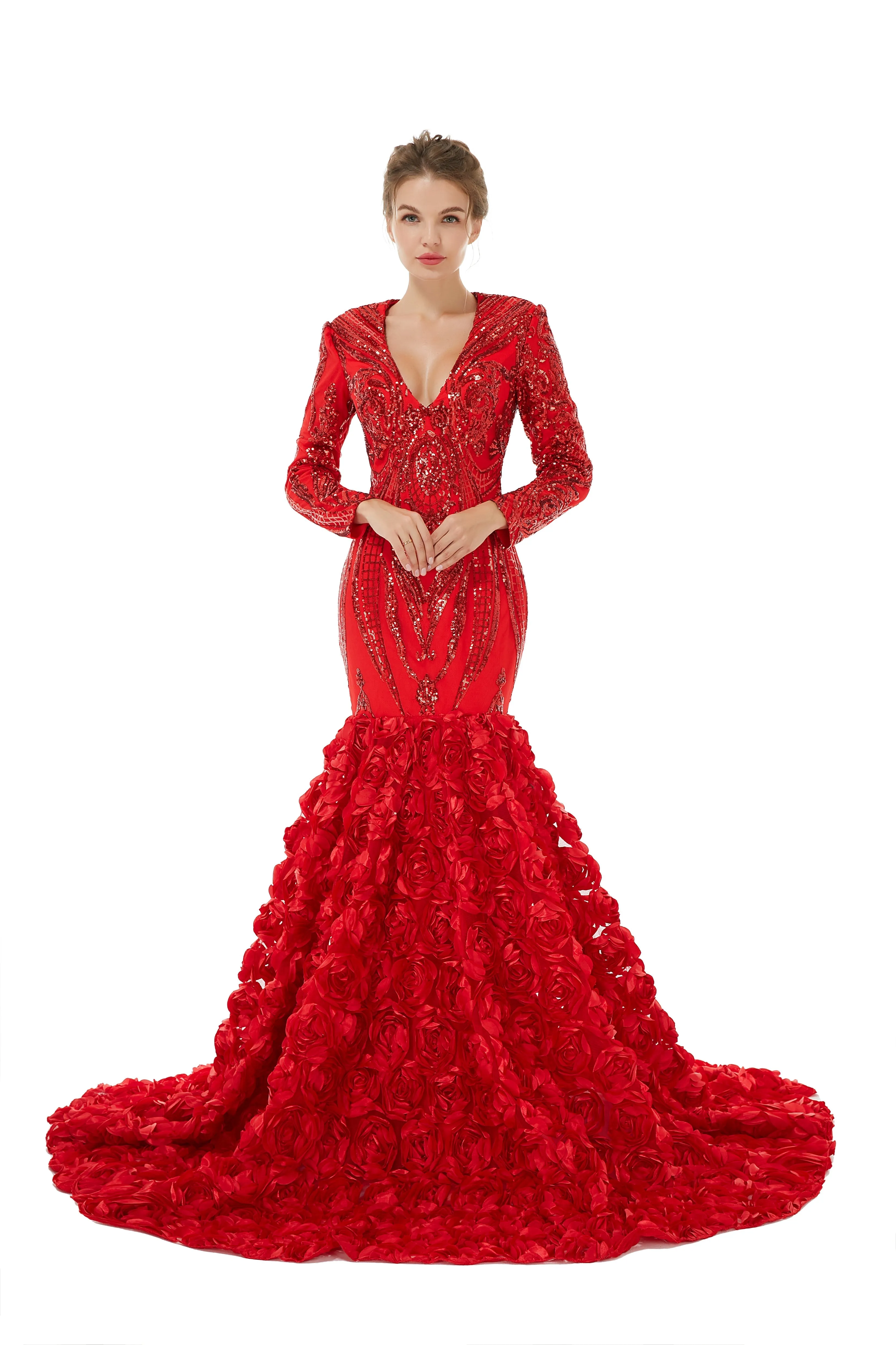 Sexy Sparkle Red Long sleeves V-neck Flowers Prom Dress | Ballbella Real Shooting