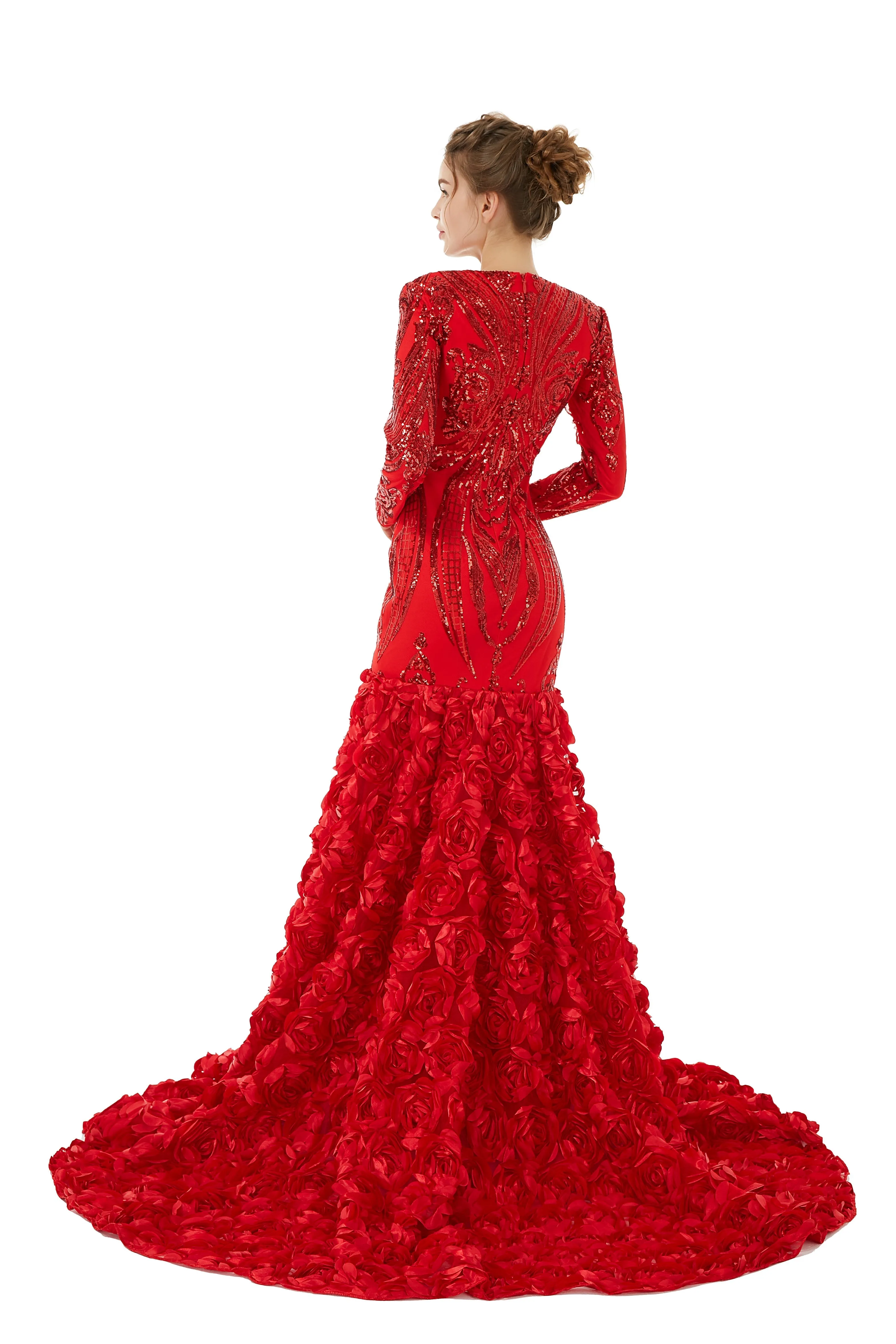 Sexy Sparkle Red Long sleeves V-neck Flowers Prom Dress | Ballbella Real Shooting