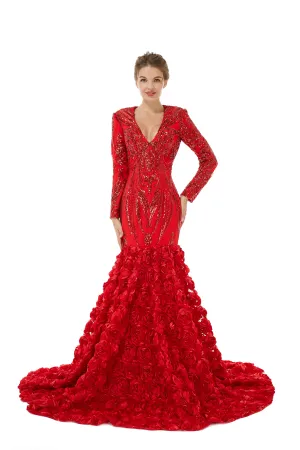 Sexy Sparkle Red Long sleeves V-neck Flowers Prom Dress | Ballbella Real Shooting