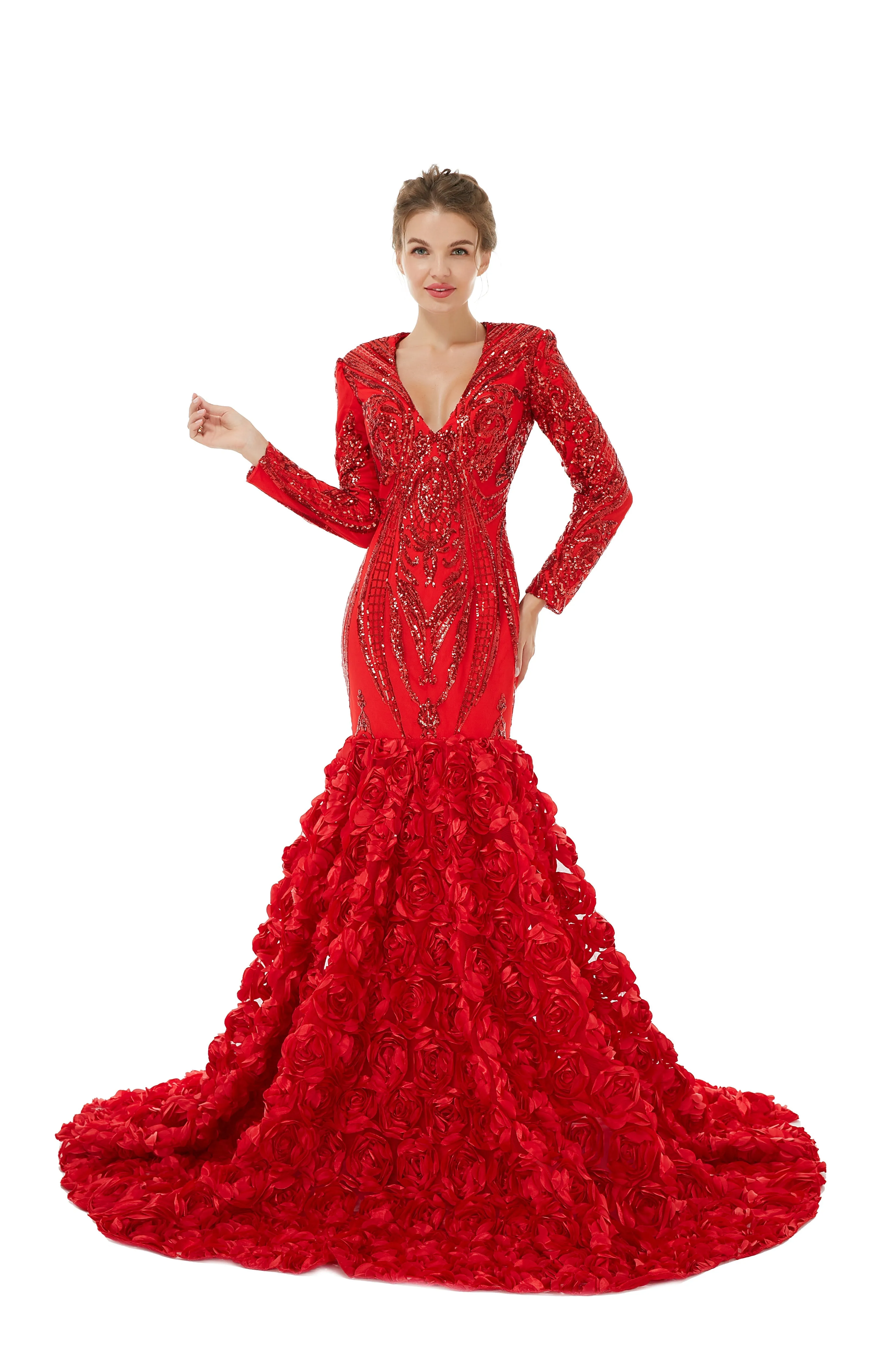 Sexy Sparkle Red Long sleeves V-neck Flowers Prom Dress | Ballbella Real Shooting