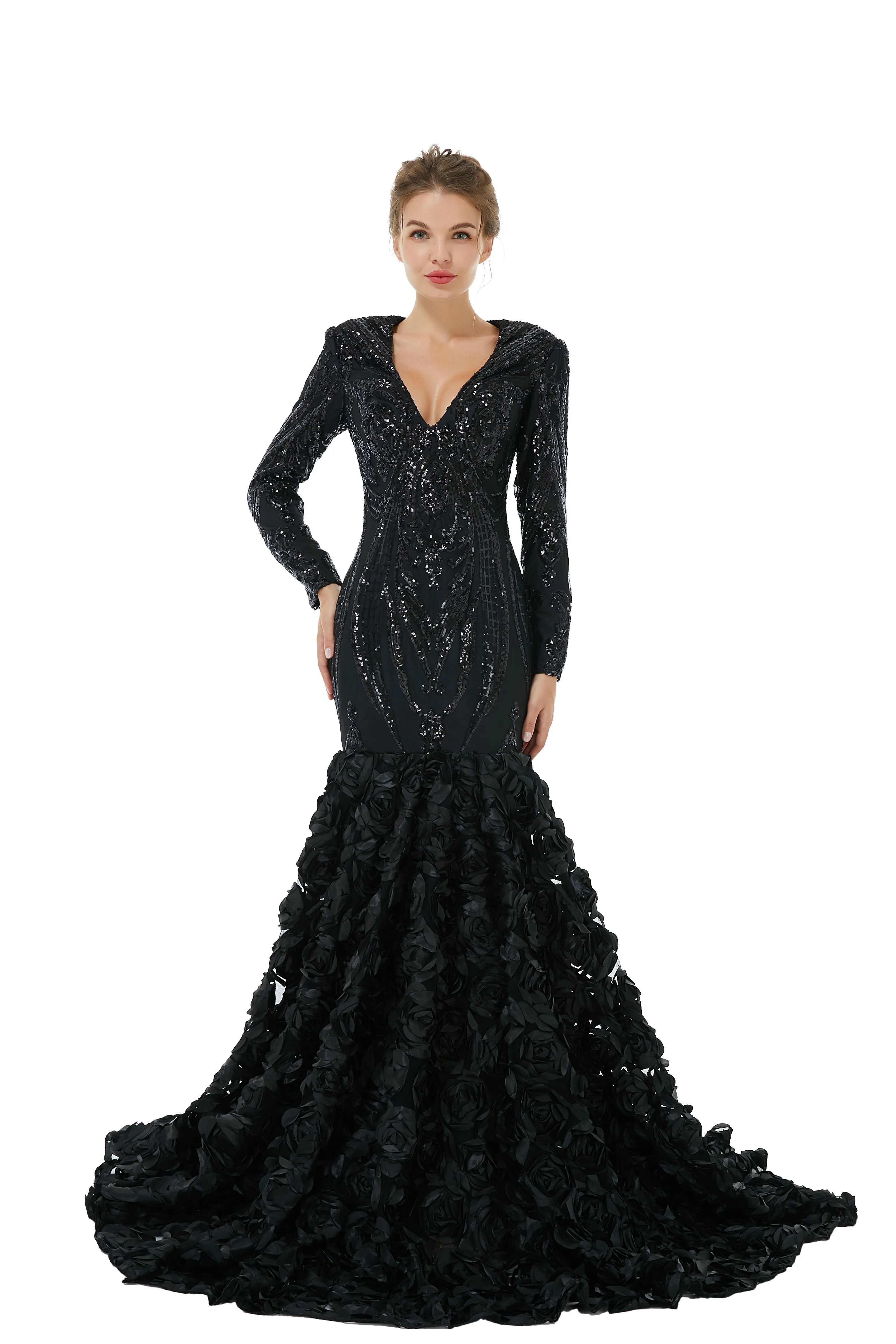 Sexy Sparkle Red Long sleeves V-neck Flowers Prom Dress | Ballbella Real Shooting