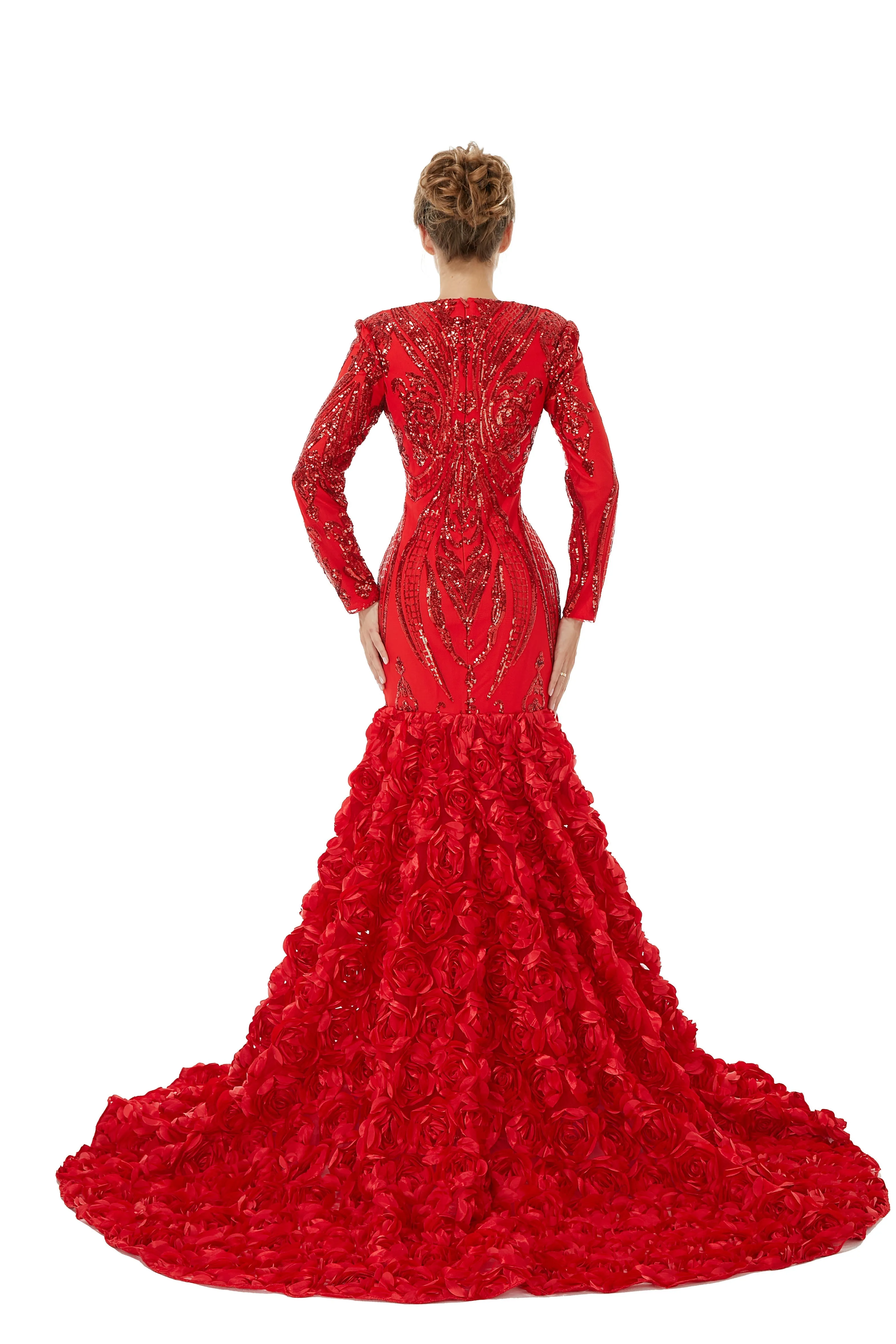 Sexy Sparkle Red Long sleeves V-neck Flowers Prom Dress | Ballbella Real Shooting