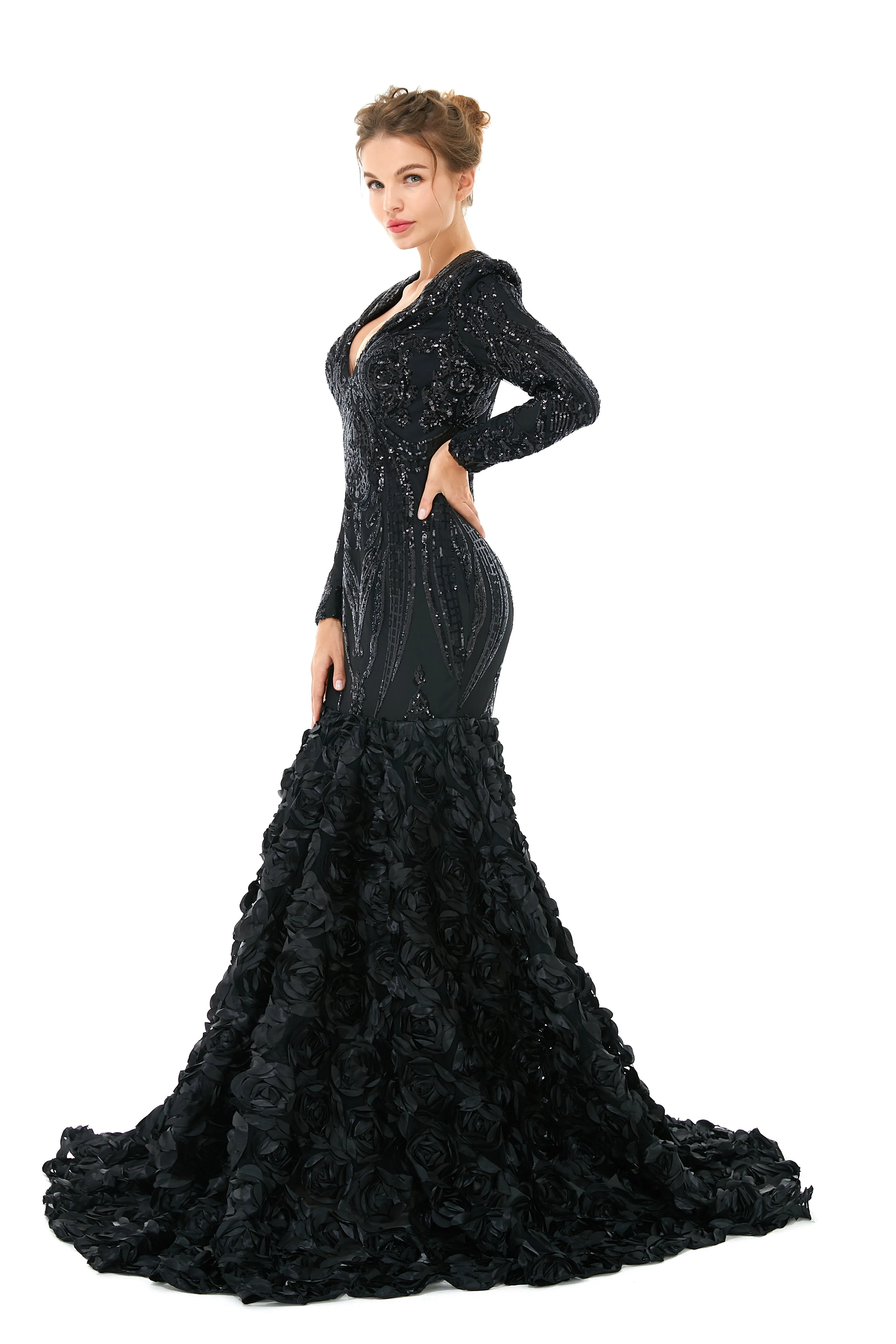 Sexy Sparkle Red Long sleeves V-neck Flowers Prom Dress | Ballbella Real Shooting