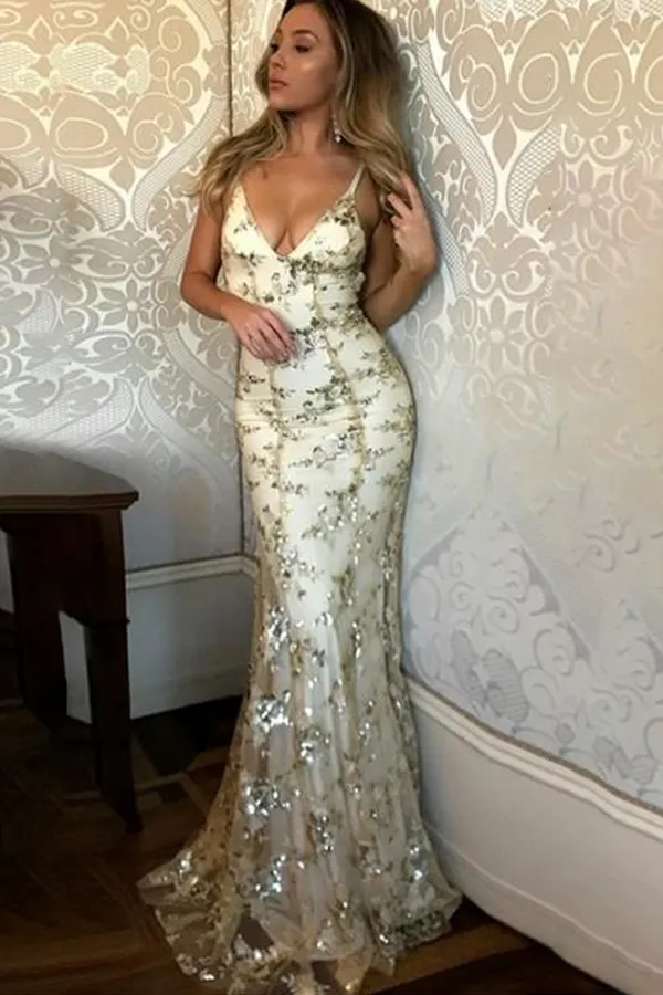 Sexy V-Neck Spaghetti Straps Mermaid Prom Dress  Sequins Black Silvery Long