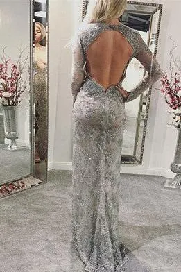 Silver Chic V-neck Lace Prom Dresses Elegant Long Sleevess Open Back Front Split Long Evening Dress