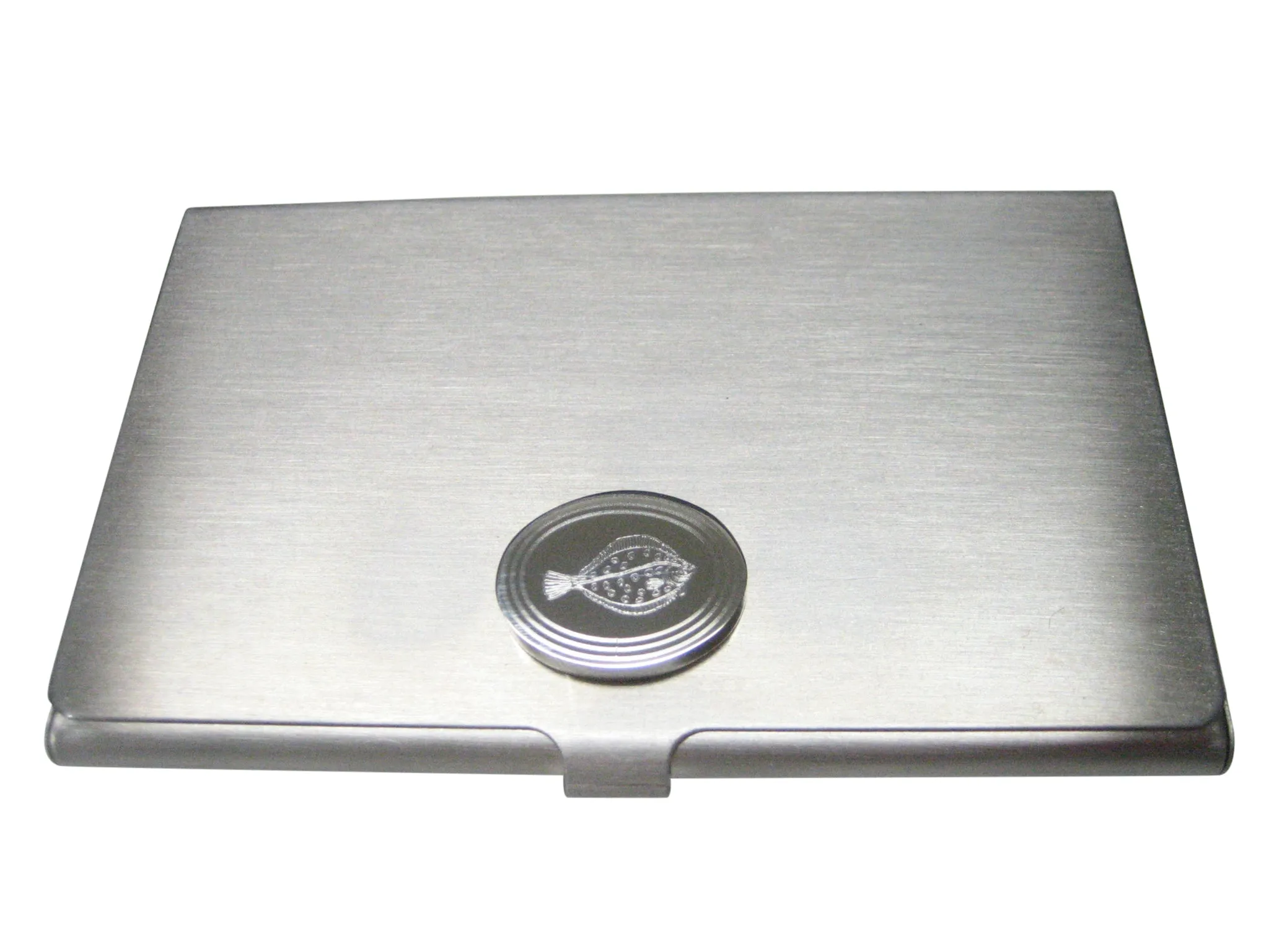 Silver Toned Oval Etched Flounder Halibut Flatfish Business Card Holder
