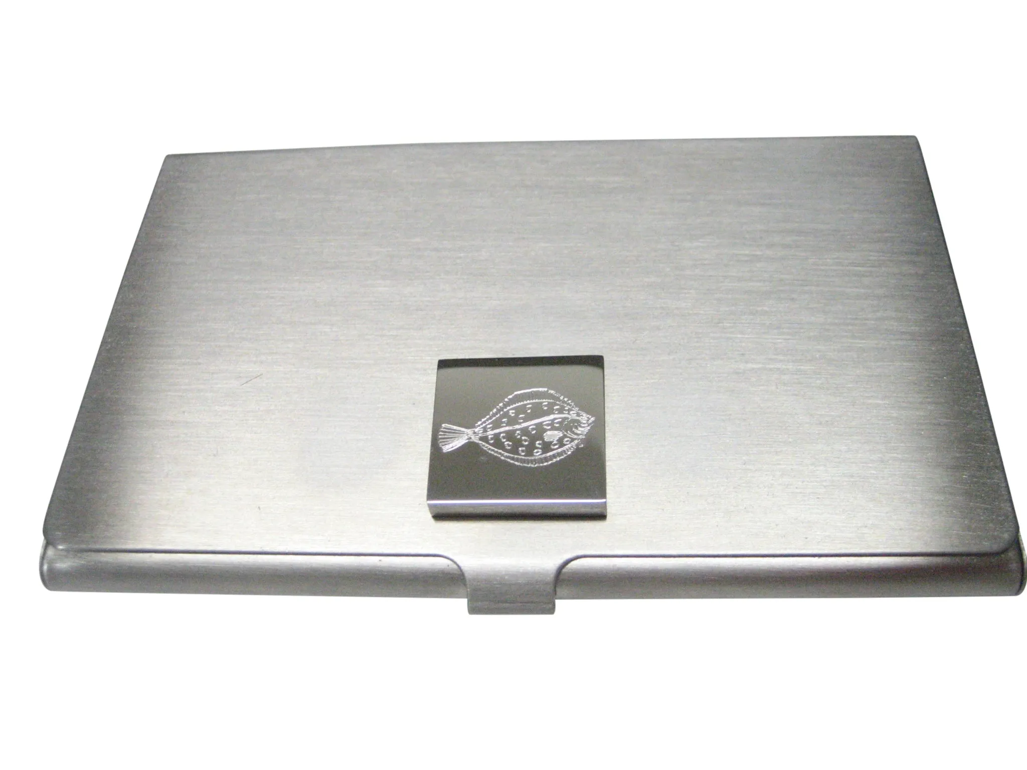 Silver Toned Square Etched Flounder Halibut Flatfish Business Card Holder