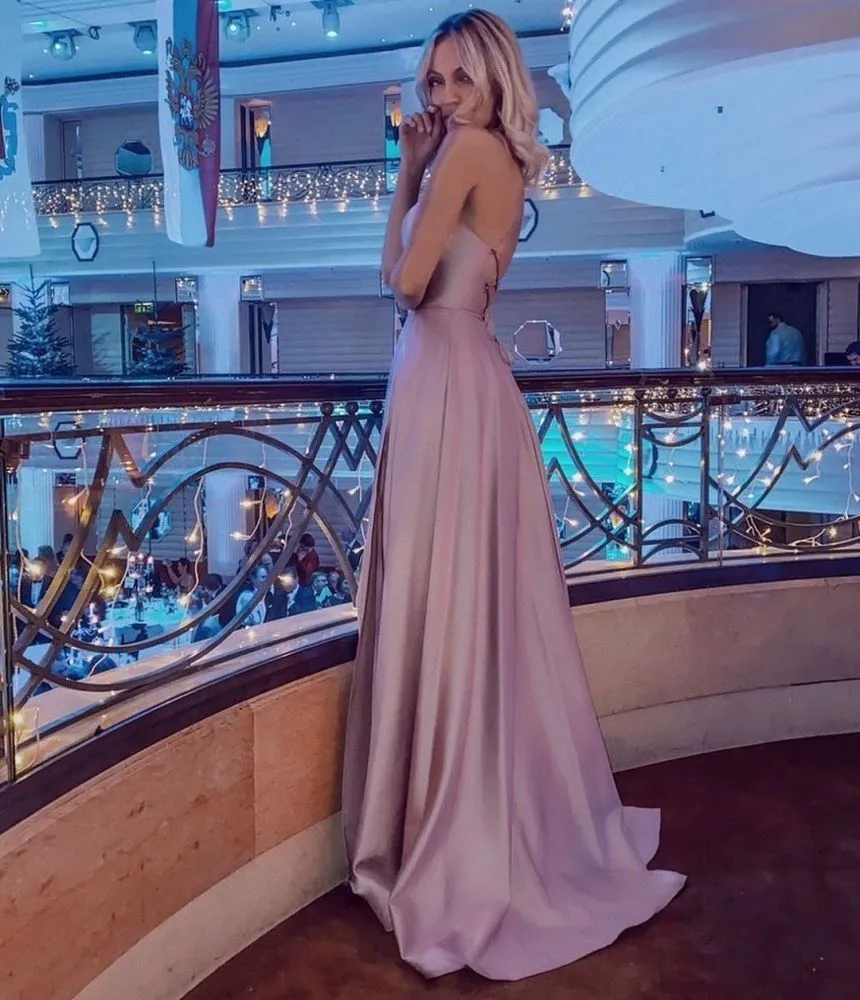 Simple Halter Backless Dusty Pink High split Long evening Dresses