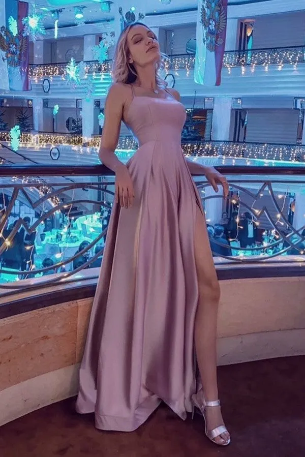 Simple Halter Backless Dusty Pink High split Long evening Dresses