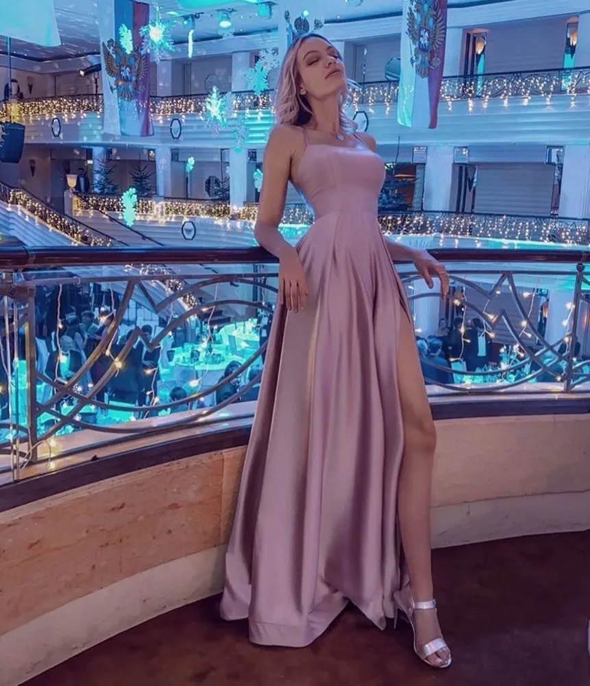 Simple Halter Backless Dusty Pink High split Long evening Dresses