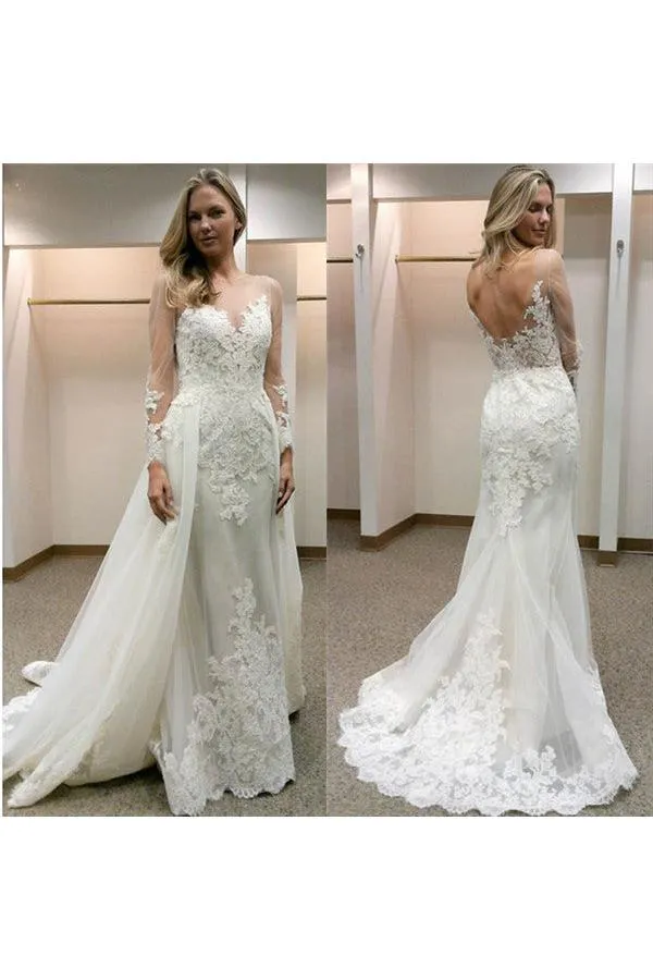 Simple Sheath Long Sleeves Tulle Appliques Open Back Wedding Dress