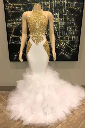 Sleeveless Golden Appliques Tulle Button Mermaid Prom Dresses
