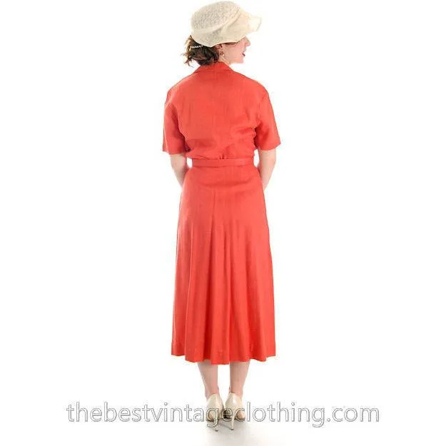 Slim Vintage Linen Pencil Dress 1940s Papaya L'Aiglon Small Guernsey Pie