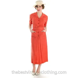 Slim Vintage Linen Pencil Dress 1940s Papaya L'Aiglon Small Guernsey Pie