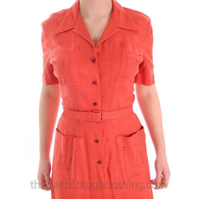 Slim Vintage Linen Pencil Dress 1940s Papaya L'Aiglon Small Guernsey Pie