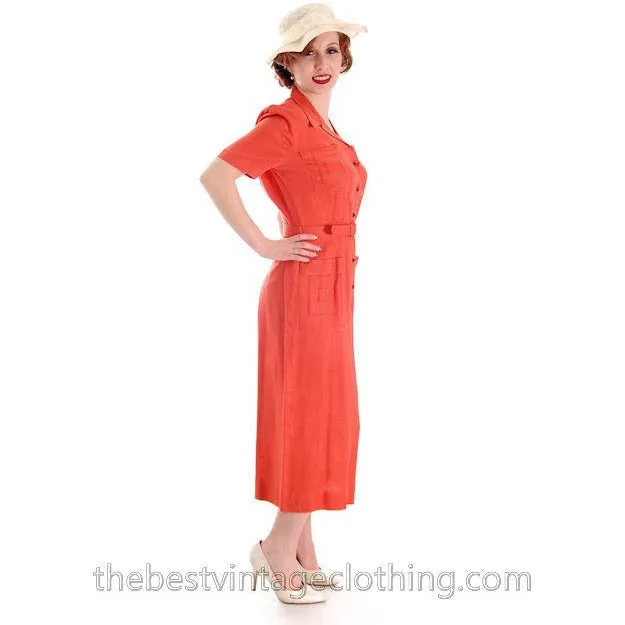 Slim Vintage Linen Pencil Dress 1940s Papaya L'Aiglon Small Guernsey Pie