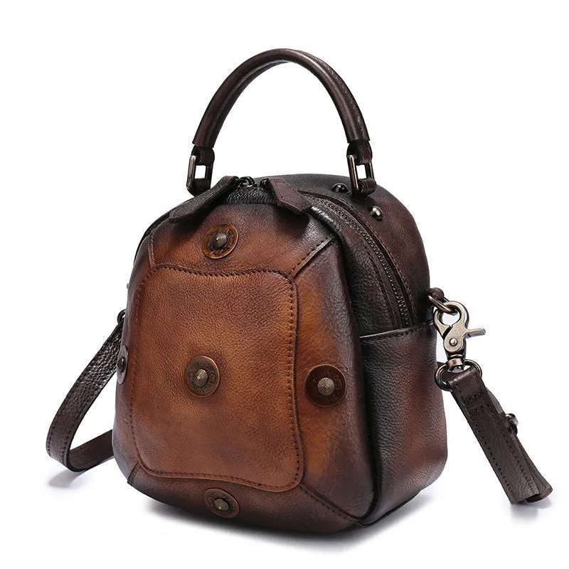 Small Brown Leather Womens Rivets Shoulder Bag Barrel Small Handmade Handbag Purse for Ladies
