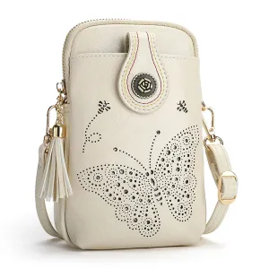 Small Crossbody phone bag Butterfly design shoulder bags for Women-White
