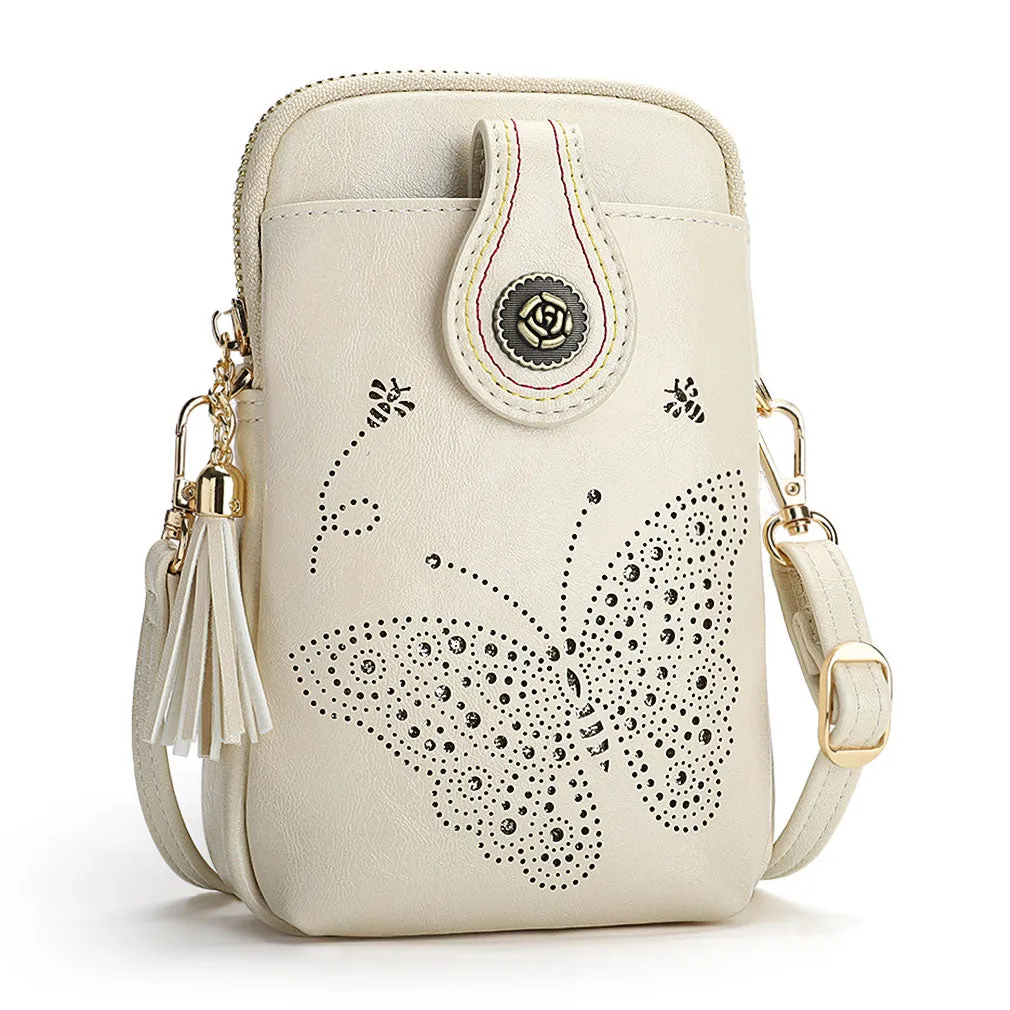 Small Crossbody phone bag Butterfly design shoulder bags for Women-White