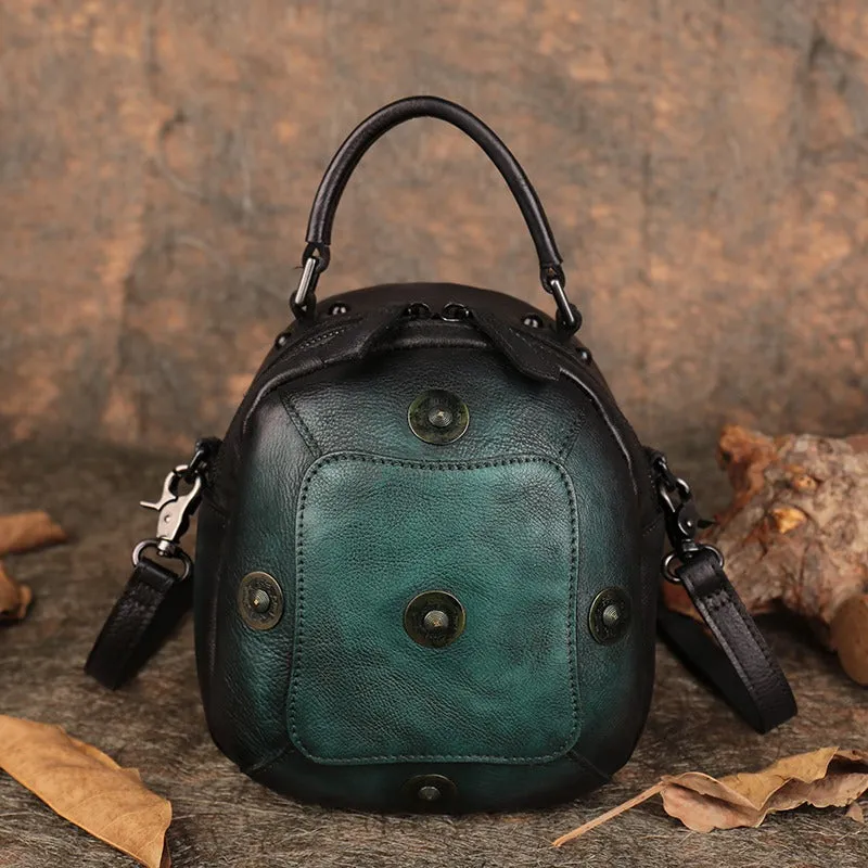 Small Leather Womens Rivets Shoulder Bag Barrel Small Handmade Handbag Purse for Ladies