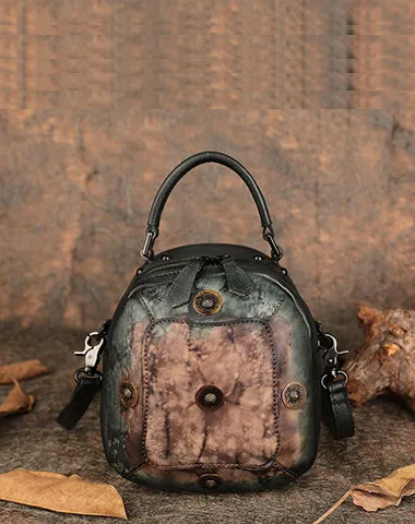 Small Leather Womens Rivets Shoulder Bag Barrel Small Handmade Handbag Purse for Ladies