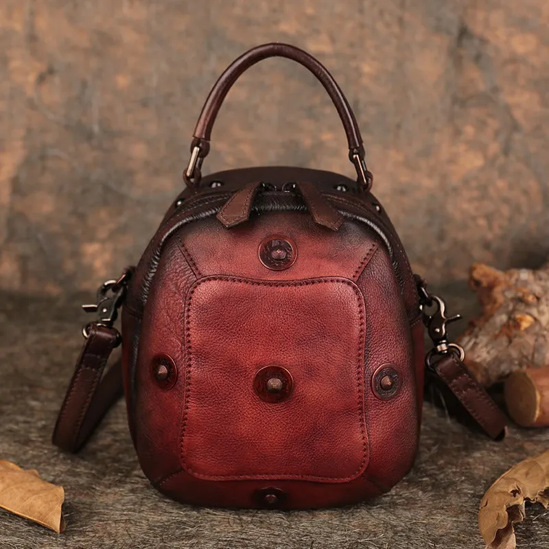Small Leather Womens Rivets Shoulder Bag Barrel Small Handmade Handbag Purse for Ladies