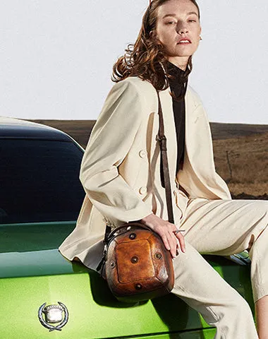 Small Leather Womens Rivets Shoulder Bag Barrel Small Handmade Handbag Purse for Ladies