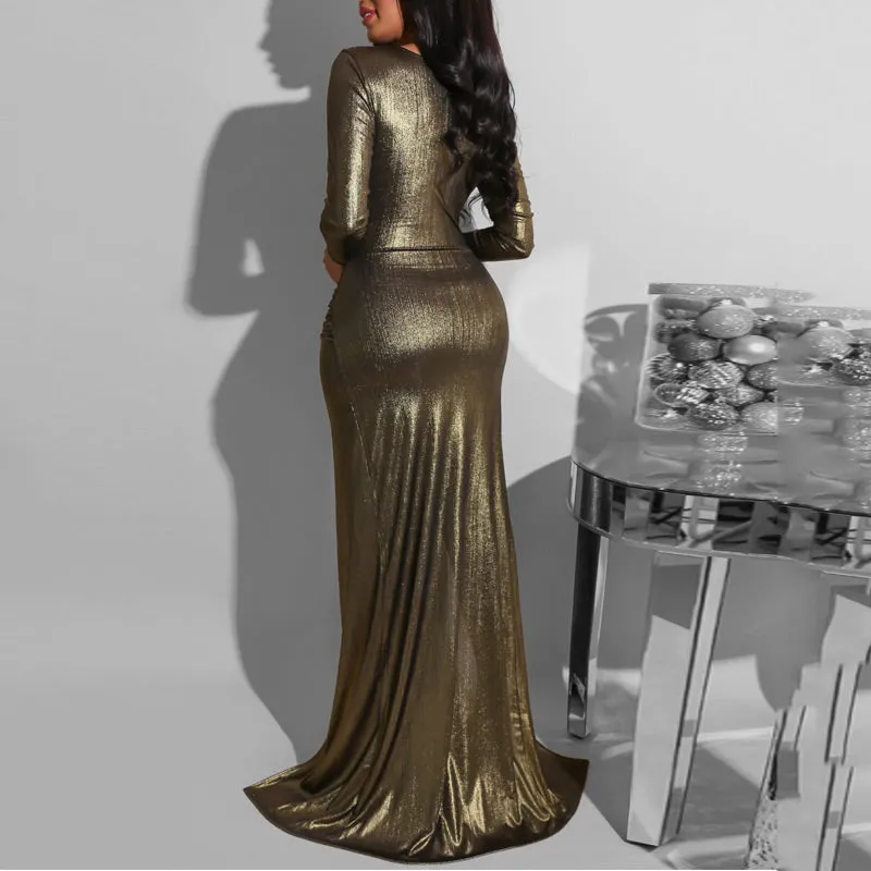 Solid Deep V-Neck High Split Maxi Party Dress