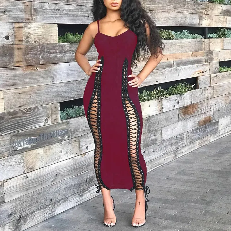 Solid V-Neck Sleeveless Hollow Out Lace Up Maxi Dress