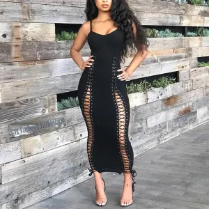 Solid V-Neck Sleeveless Hollow Out Lace Up Maxi Dress