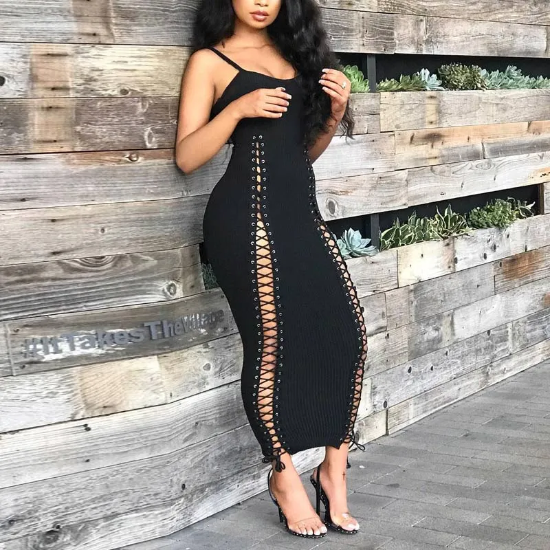 Solid V-Neck Sleeveless Hollow Out Lace Up Maxi Dress