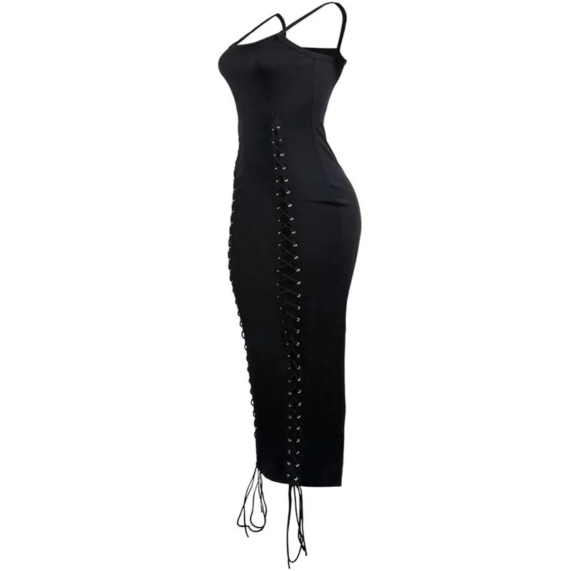 Solid V-Neck Sleeveless Hollow Out Lace Up Maxi Dress
