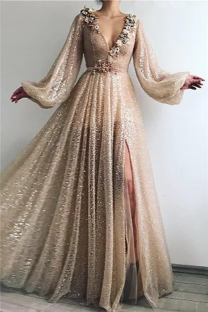 Sparkle Sequins Long Sleevess Prom Party Gowns| Chic V-neck Front Slit Long Prom Party Gowns