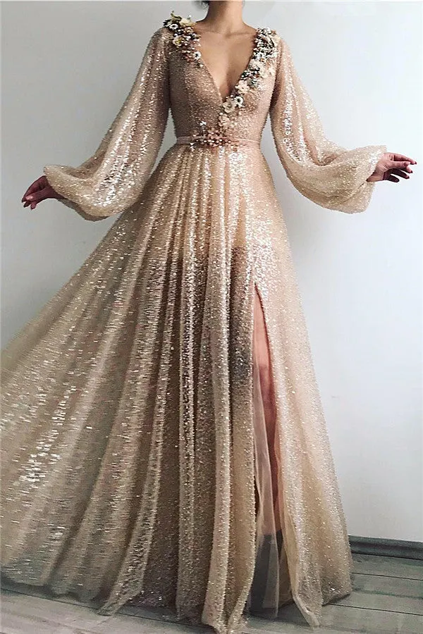 Sparkle Sequins Long Sleevess Prom Party Gowns| Chic V-neck Front Slit Long Prom Party Gowns