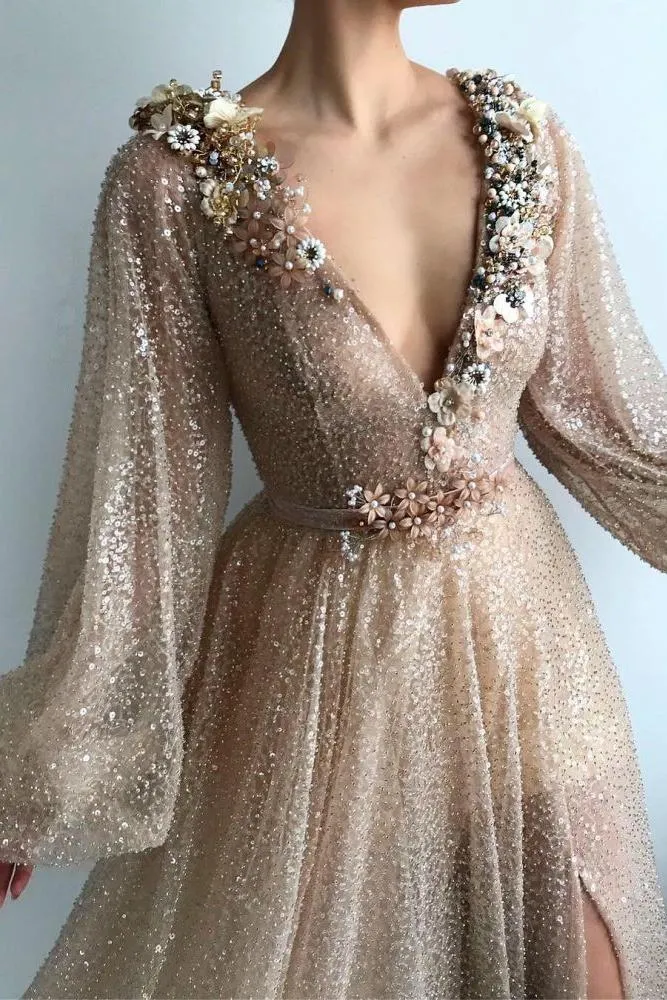 Sparkle Sequins Long Sleevess Prom Party Gowns| Chic V-neck Front Slit Long Prom Party Gowns