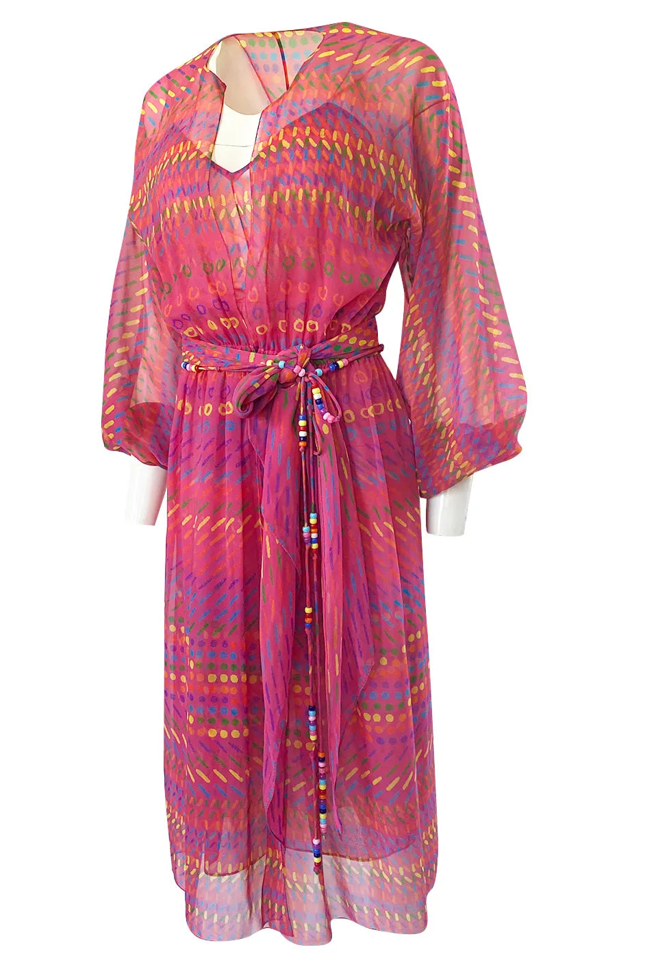 Spring 1973 Halston Pink Silk Crepe Chiffon Striped Four Piece Dress Set