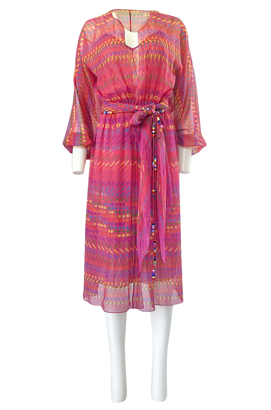 Spring 1973 Halston Pink Silk Crepe Chiffon Striped Four Piece Dress Set