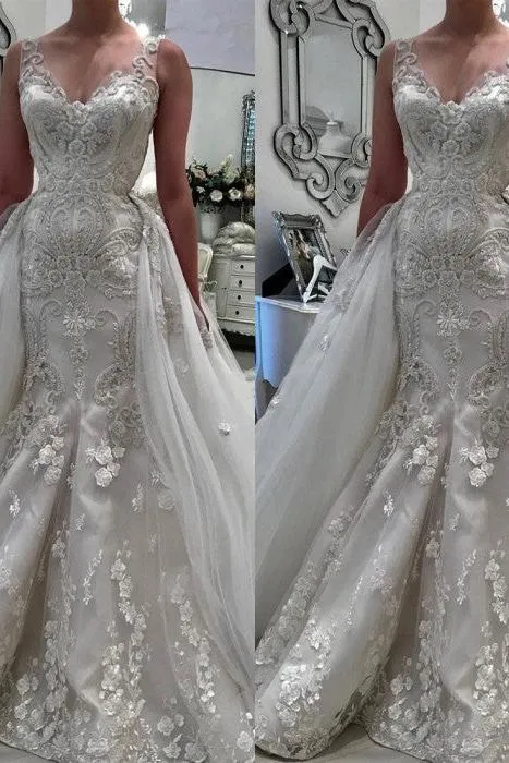 Stunning V Neck Sleeveless Ruffless Lace Appliques Wedding Bridal Gowns
