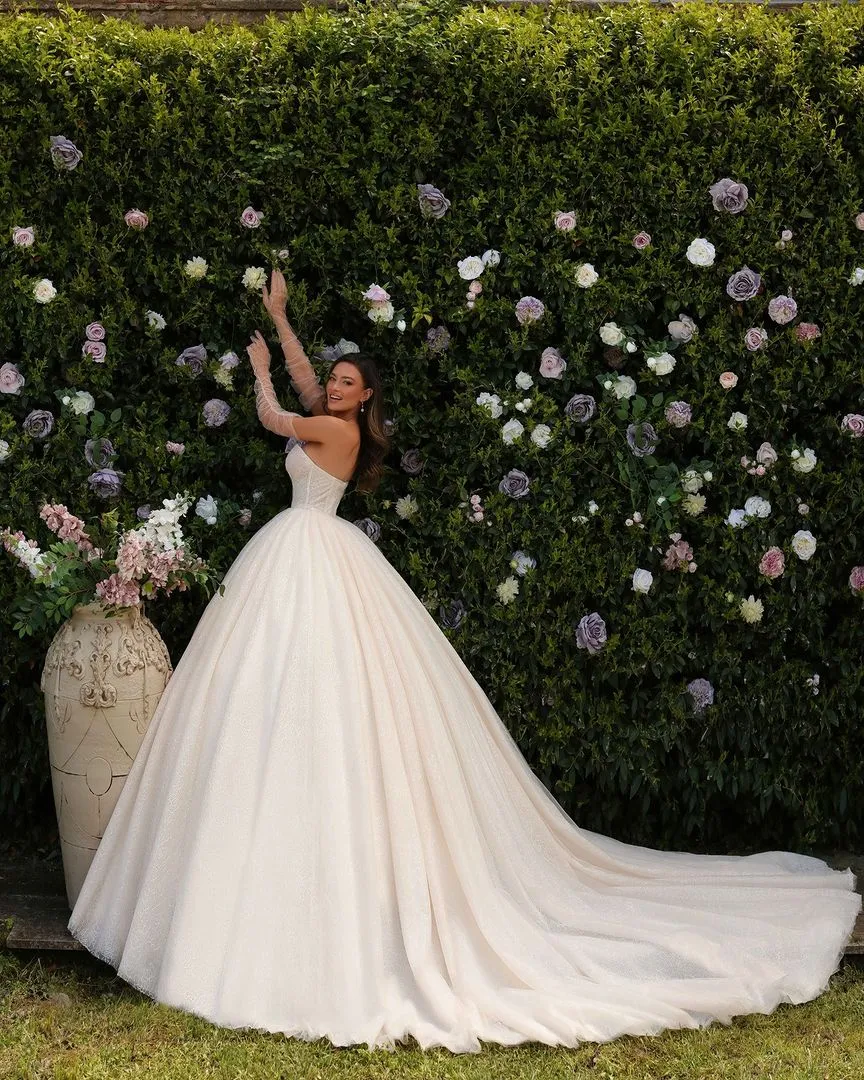 Sweetheart Long A-line Princess Glitter Sleeveless Lace Bridal Wear Long