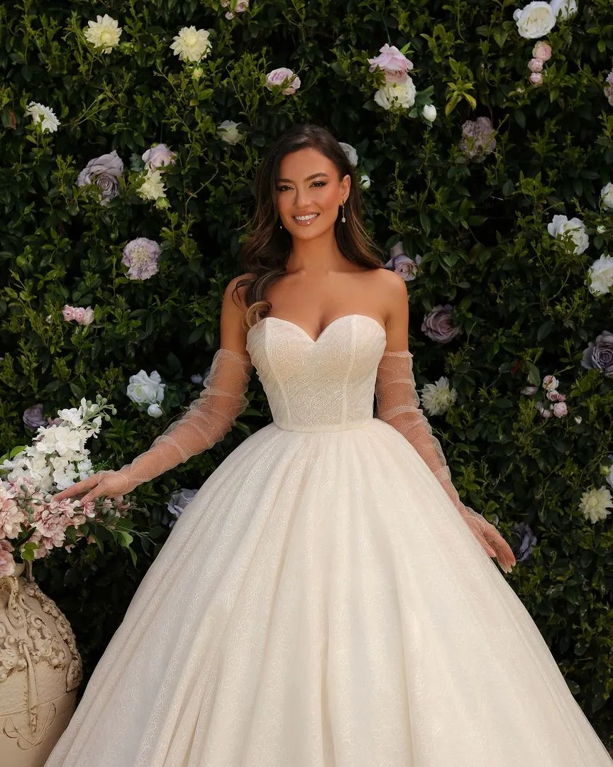 Sweetheart Long A-line Princess Glitter Sleeveless Lace Bridal Wear Long
