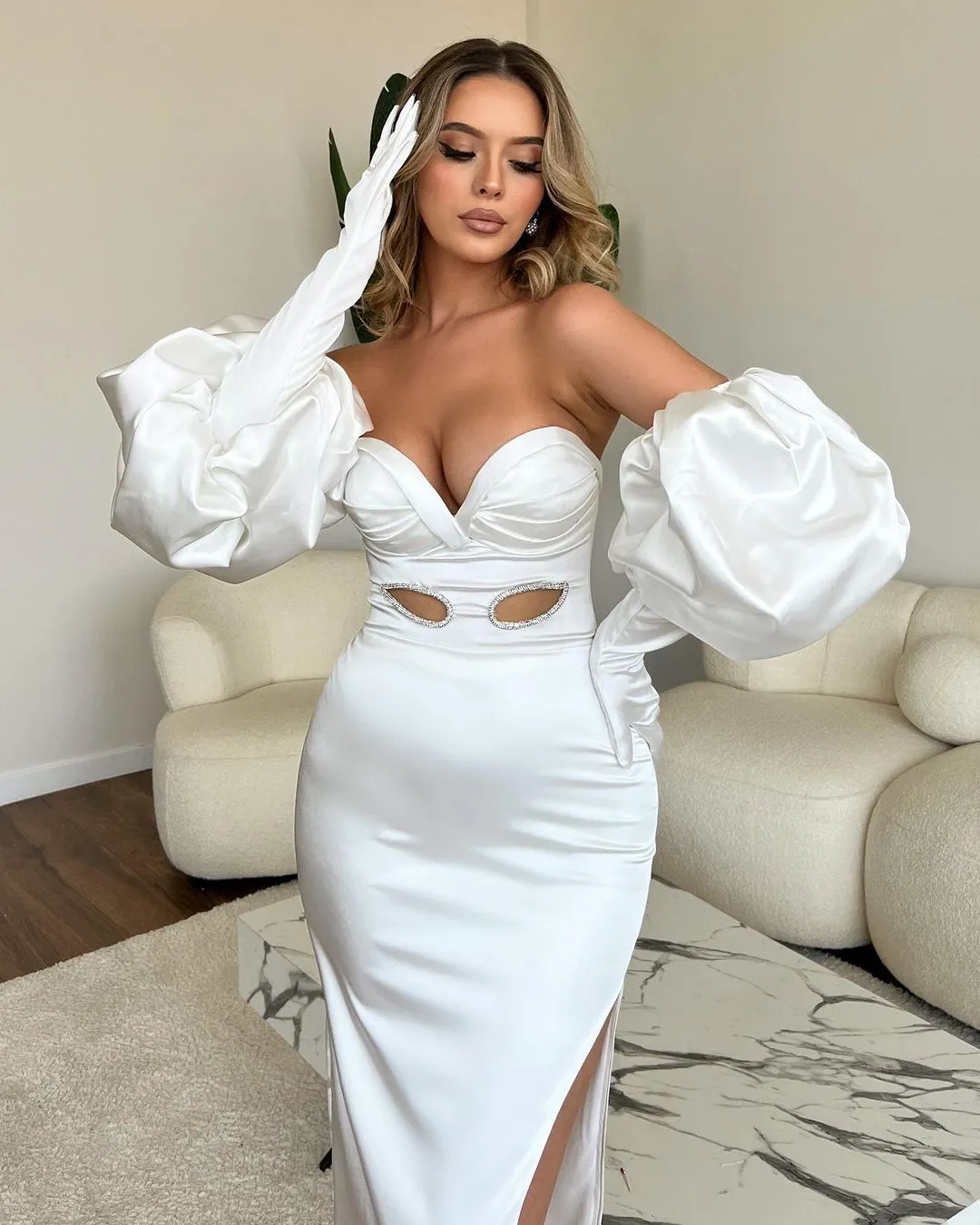 Sweetheart Long White Mermaid Split Front Fashion Prom Dress With Sleeves
