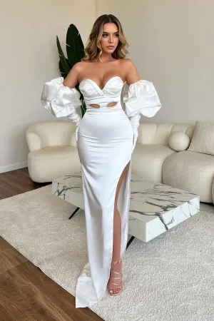 Sweetheart Long White Mermaid Split Front Fashion Prom Dress With Sleeves