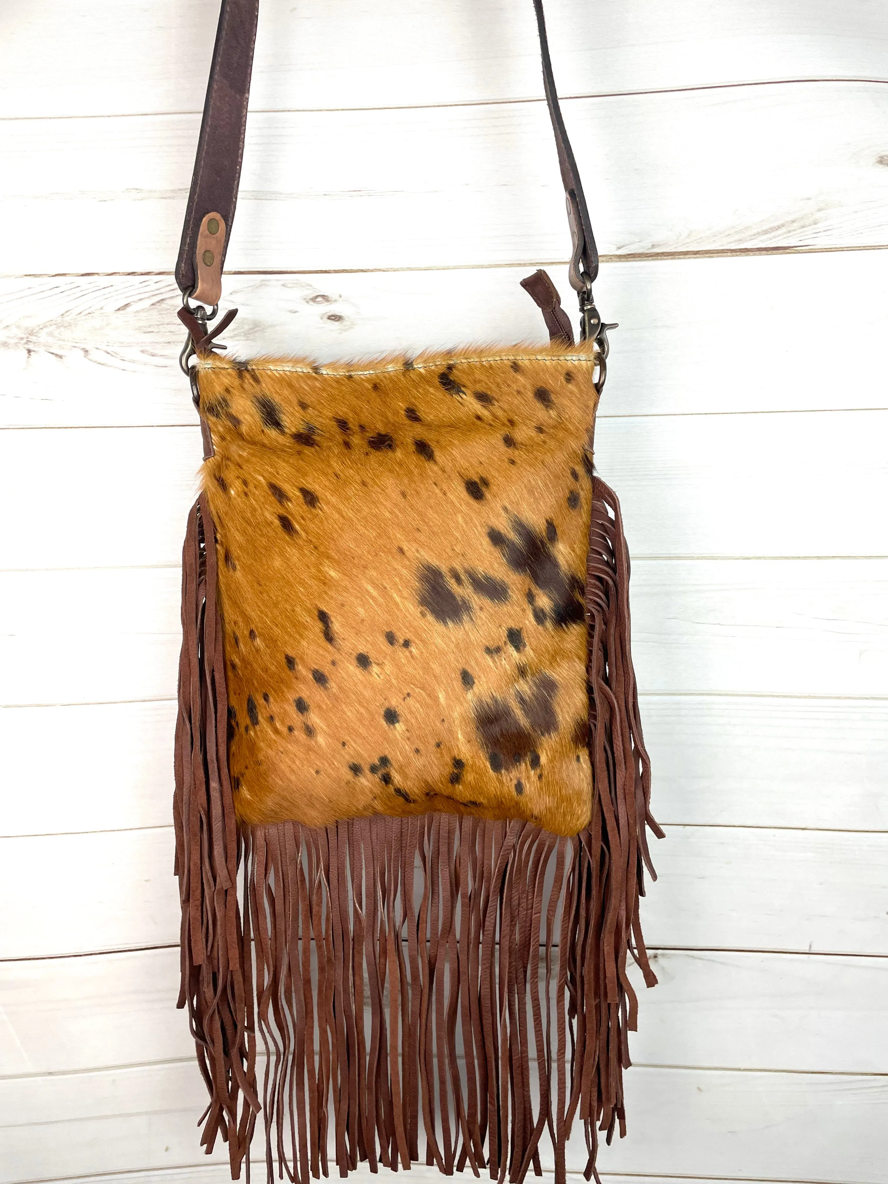 Tan & Brown Spotted Crossbody Hide Bag with Fringe