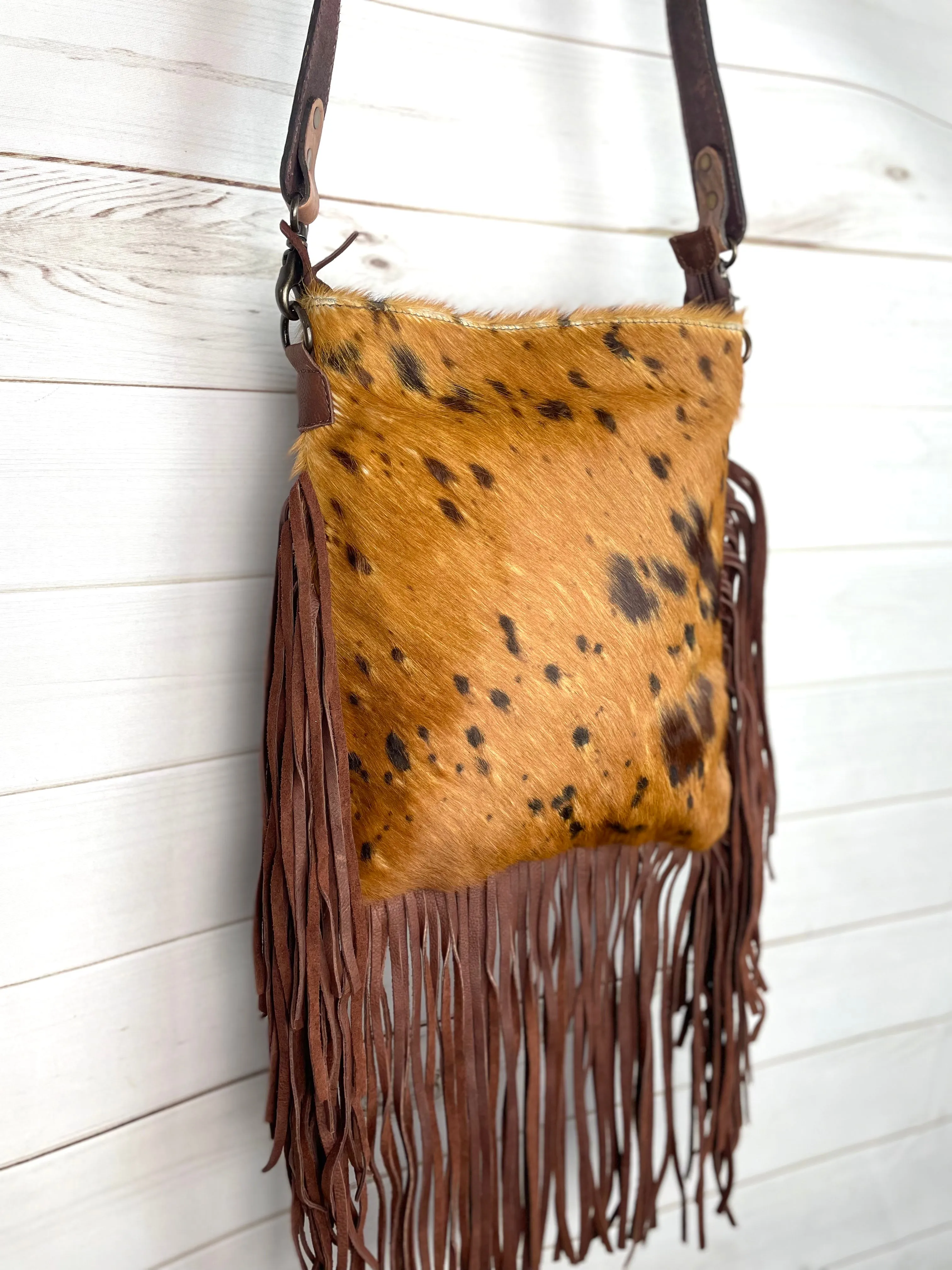 Tan & Brown Spotted Crossbody Hide Bag with Fringe