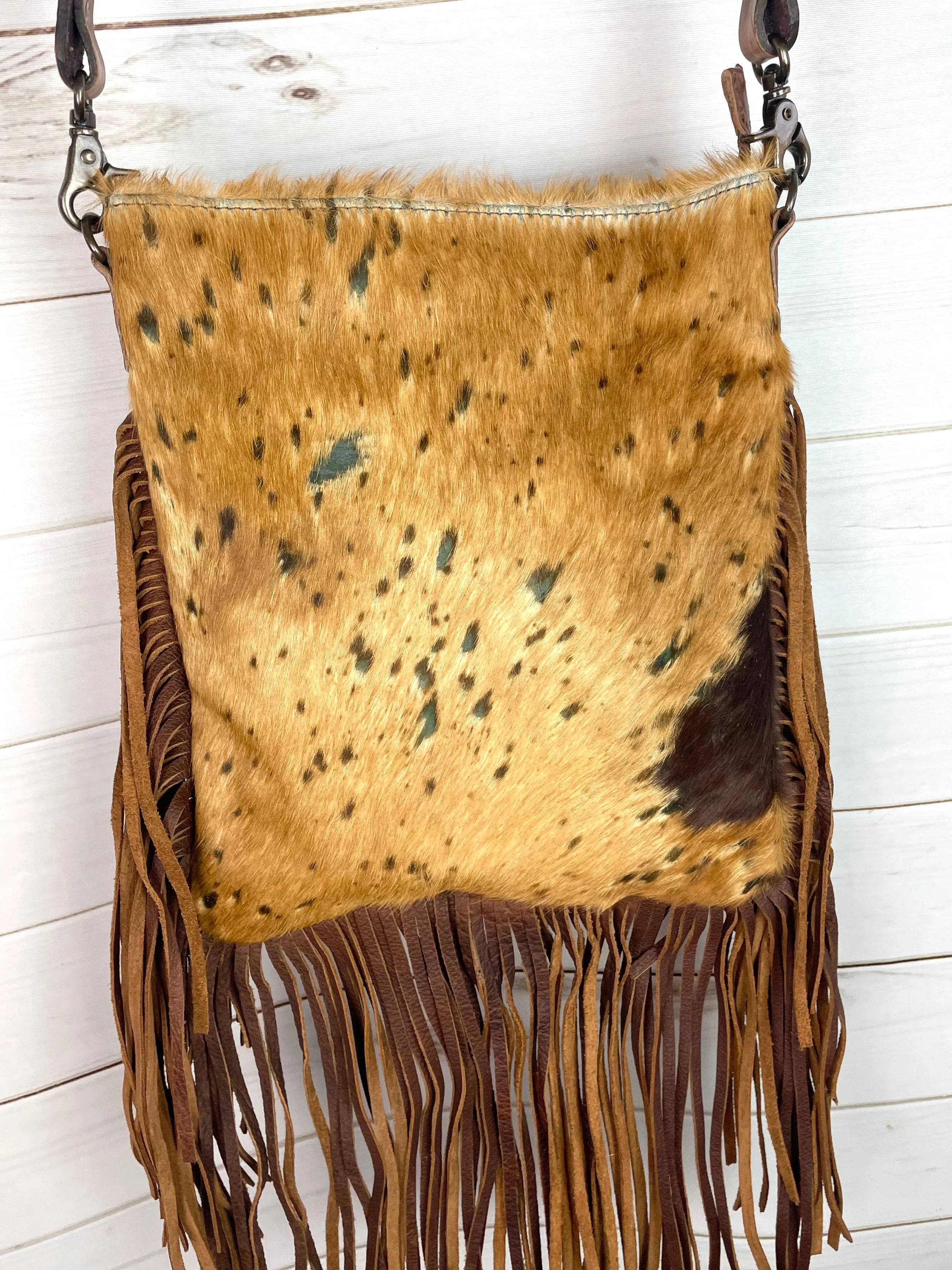 Tan & Brown Spotted Crossbody Hide Bag with Fringe