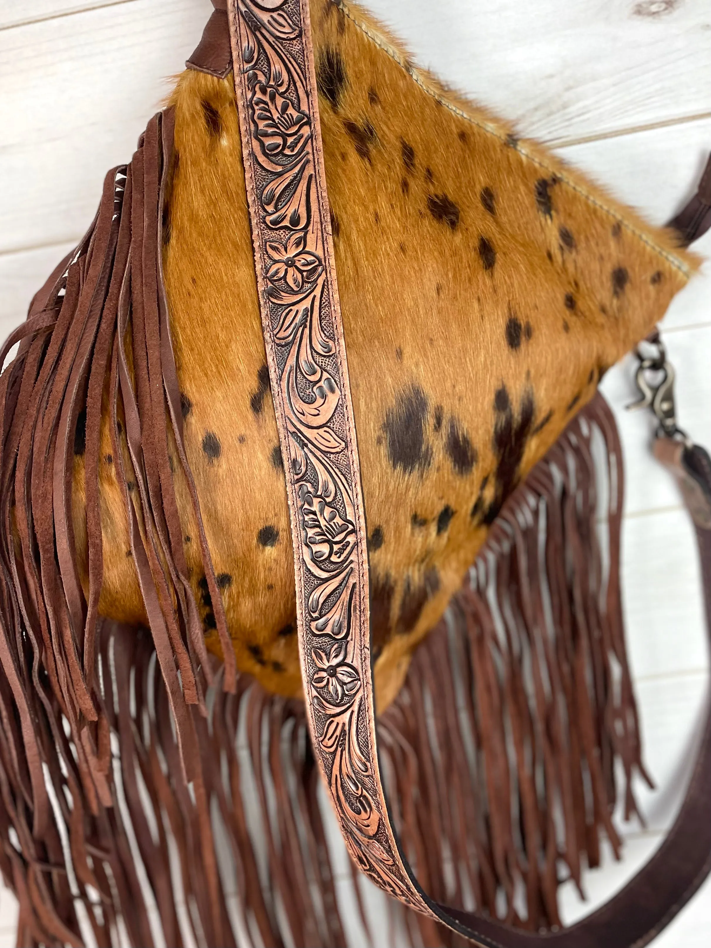 Tan & Brown Spotted Crossbody Hide Bag with Fringe